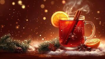 A steaming mug of mulled wine garnished with a cinnamon stick and an orange slice against a festive background photo