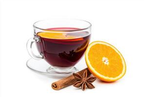 mulled wine with orange and cinnamon on white background photo