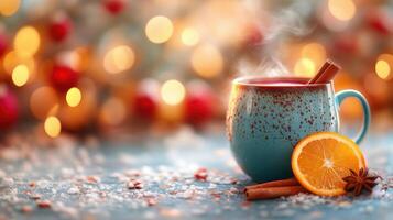 A steaming mug of mulled wine garnished with a cinnamon stick and an orange slice against a festive background photo