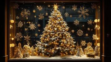 holiday window display featuring a lavishly decorated festive tree with twinkling lights surrounded by golden ornaments and snowflakes photo