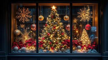 holiday window display featuring a lavishly decorated festive tree with twinkling lights surrounded by golden ornaments and snowflakes photo