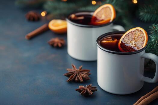 Mulled wine in white metal mugs with cinnamon and orange slice on festive background. Copy space for text photo
