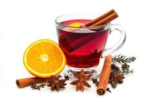 a glass of hot mulled wine with an orange slice and cinnamon photo