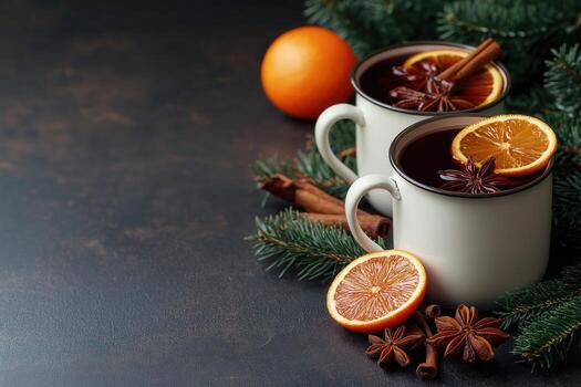 Mulled wine in white metal mugs with cinnamon and orange slice on festive background. Copy space for text photo