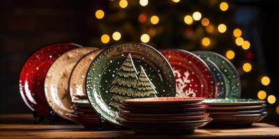 plates with Christmas pattern on a wooden table, New Year's table. photo