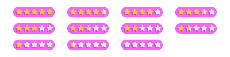 Gold cute icon set of star rankings in pink bubbles. Flat design collection with five-rated options for client feedback and service evaluations for websites. vector