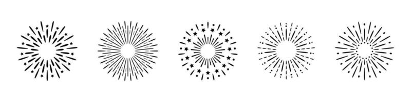 fireworks and firecracker icon set featuring vibrant bursts and sparkles, ideal for New Year and holiday celebrations. Black and white fireworks clipart collection. vector