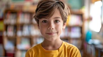 Portrait of cute boy with blue eyes looking at camera in classroom photo