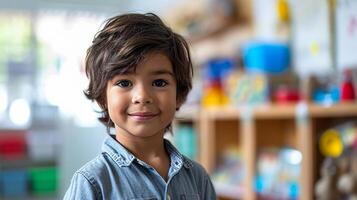 Portrait of a cute little boy in a classroom. Education concept. photo