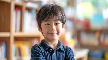 Portrait of cute asian boy looking at camera in library. photo