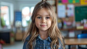 Portrait of cute little girl smiling at camera in classroom at school photo