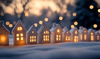 A row of miniature white houses with glowing windows sit in the snow at dusk. The background is a blurred view of a wintery landscape with twinkling lights. photo