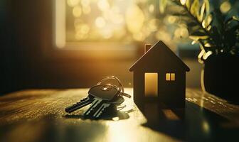 A pair of keys and a wooden house model sit on a wooden table with a sunlit window in the background. photo