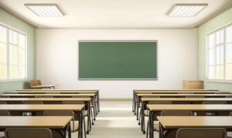 Empty classroom with rows of desks and a chalkboard on the wall. photo