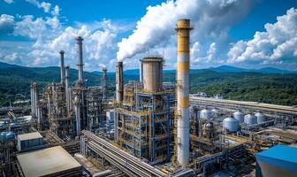 An aerial view of a large industrial complex with tall chimneys emitting smoke into the air. photo