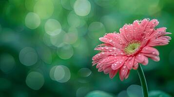 A single pink gerbera daisy with water droplets on its petals, with a blurred green background of foliage and bokeh. photo