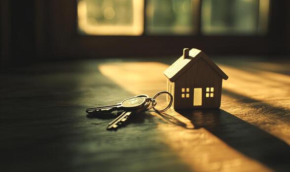 Wooden house model with keys on a wooden table with warm light coming through window. photo