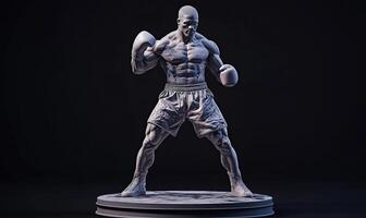 A 3D rendered model of a male boxer in a fighting stance, wearing boxing gloves and shorts, with a muscular physique, standing on a circular base. photo