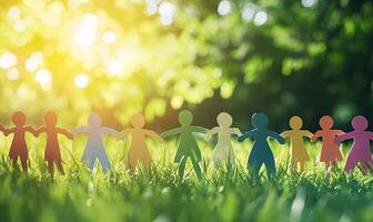 Colorful paper people holding hands in a line in a grassy field with a blurred background of green trees and sunlight. photo