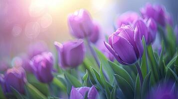 A field of purple tulips in bloom under a bright, sunny sky. photo