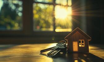 Wooden house model with keys on a table against a sunset window. photo