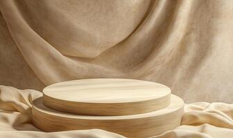 Wooden podium with two tiers set against a backdrop of draped fabric. photo