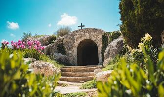 A stone archway with a cross above it leads into a dark cave, surrounded by blooming pink flowers and lush greenery. photo