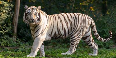 A majestic white tiger with dark stripes walks through green foliage with a determined look in its eyes. photo