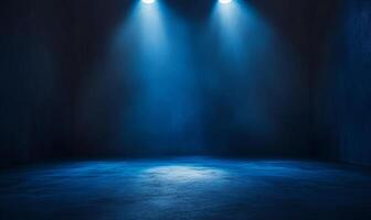 Two spotlights illuminate a dark, empty room with a textured concrete floor and walls, creating a dramatic and mysterious atmosphere. photo