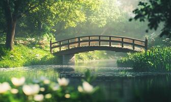 A wooden bridge spans a tranquil stream in a lush forest, bathed in the golden light of sunrise. The air is misty and serene, creating a sense of peace and tranquility. photo
