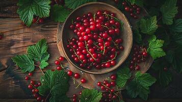 A wooden bowl filled with red currants surrounded by leaves on a wooden surface. photo