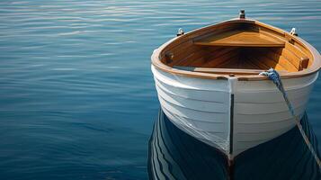 A white wooden rowboat floats on calm blue water with a gentle ripple. The boat is tied to a dock and the water reflects the bright sky. photo