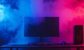 A modern desktop computer with a black screen and RGB lighting in a dark room filled with smoke. photo