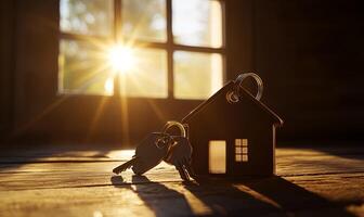 House keys and a keychain in the shape of a house sitting on a wooden table with a window behind them, the sun shining through the window. photo