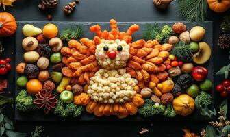 A whimsical Thanksgiving turkey made from dried fruit, nuts, and other fall harvest foods on a black slate board. photo