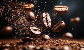 Close-up of roasted coffee beans flying through the air, with coffee grounds in the foreground. photo
