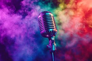 Retro microphone with colorful smoke background. photo