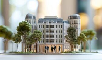 Miniature model of a building with four businessmen standing in front of it, representing development and investment. photo