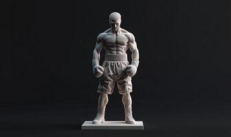 A white 3D rendered model of a male boxer in a fighting stance. He is wearing boxing gloves and shorts. The model is on a white pedestal and is against a dark background. photo