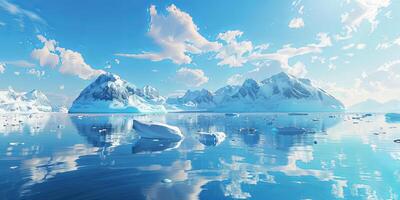 Scenic view of a glacial landscape with snow-capped mountains reflecting in a clear, blue water. photo