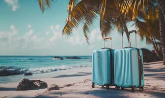 Two blue suitcases stand on a white sandy beach under a palm tree with a bright blue ocean and sky in the background. photo