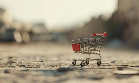 A small shopping cart sits alone on a paved surface, with a blurred background of buildings and a sunlit sky. photo