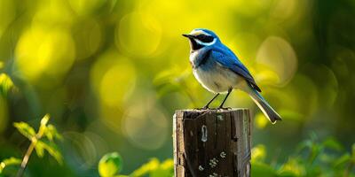 A small blue bird with a white stripe above its eye sits perched on a wooden post with a blurred green background. photo