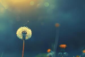 A single dandelion with seeds blowing in the wind against a blue sky with bokeh background. photo