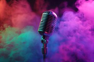 A vintage microphone stands in front of a smoky background with vibrant pink and blue lighting. photo
