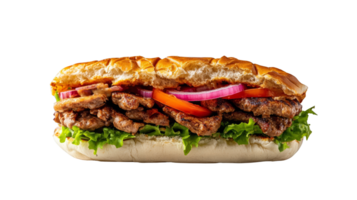 Delicious sandwich with grilled meat, fresh vegetables, and soft bread png