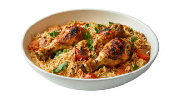 Delicious chicken drumsticks served on flavorful rice with herbs png