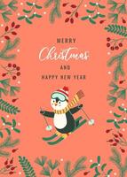 Flat style Christmas card featuring a festive skiing penguin framed by holiday greenery on a warm, cheerful background. Ideal for spreading Christmas and New Year joy. vector