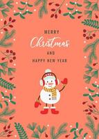 Festive Christmas card in flat style with cheerful snowman, holiday plants, and Merry Christmas and Happy New Year message. Perfect for holiday greetings, invitations, and seasonal decorations. vector