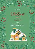 Flat style Christmas card with a cozy holiday house surrounded by festive greenery and berries on a cheerful green background. Perfect for sending warm wishes for Christmas and New Year. vector
